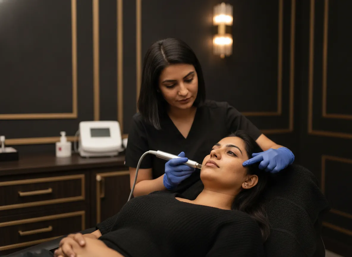 Trainee performing a gentle acne procedure under trainer supervision