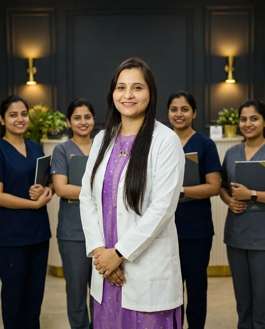 Dr. Meghana Valeti with a batch of DermaLuxe Academy trainees holding certificates