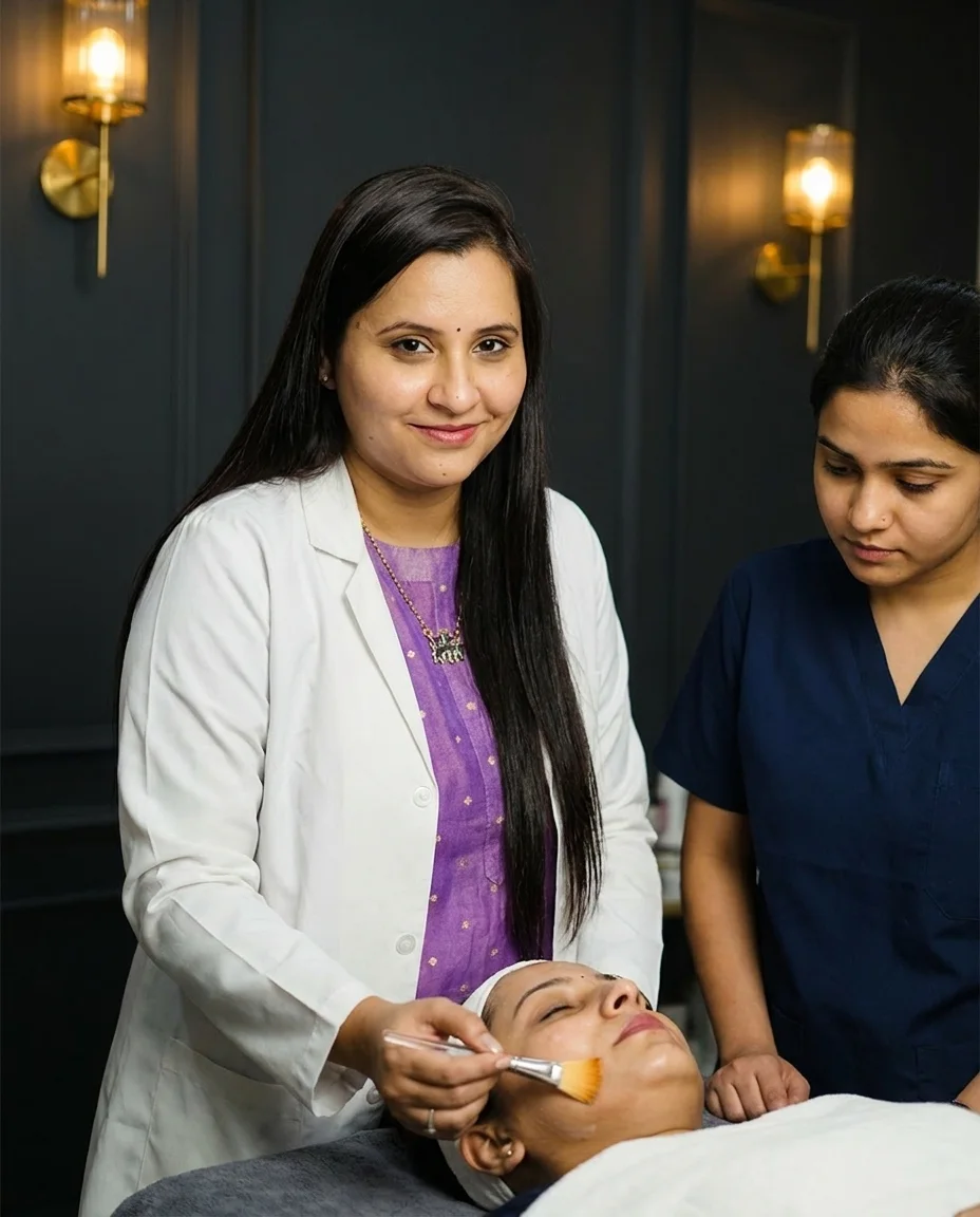 Dr. Meghana Valeti demonstrating a chemical peel to a trainee
