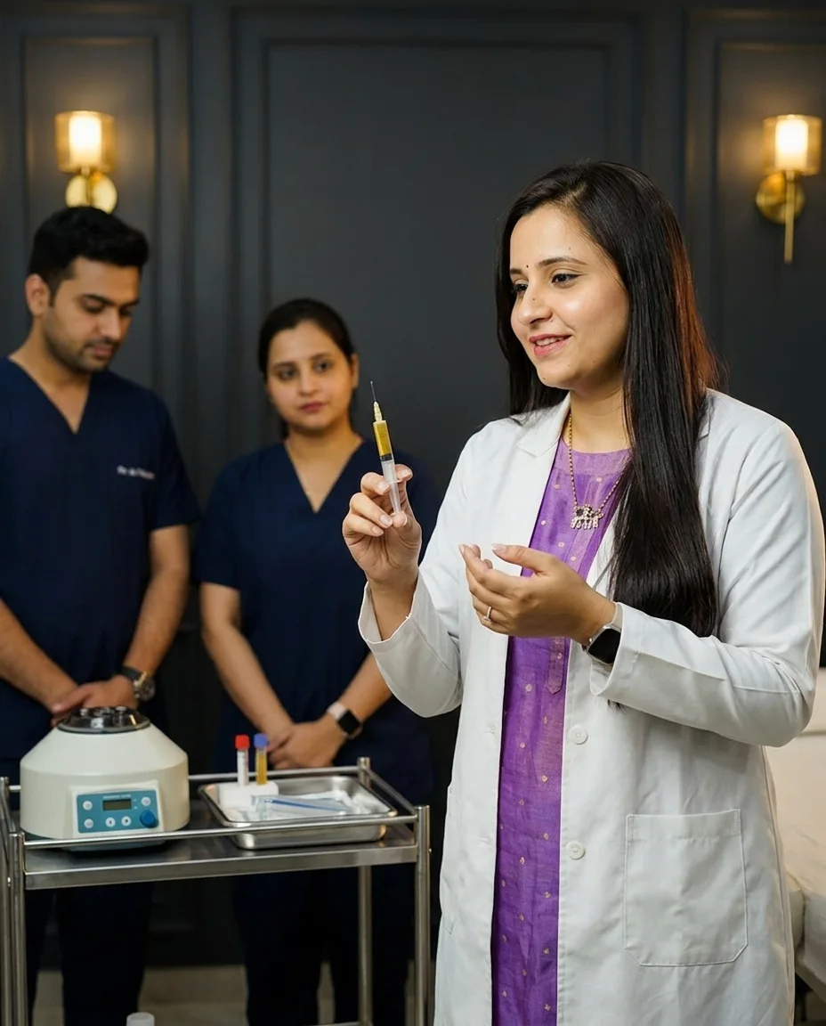 Dr. Meghana Valeti explaining a PRP syringe to trainees beside a centrifuge