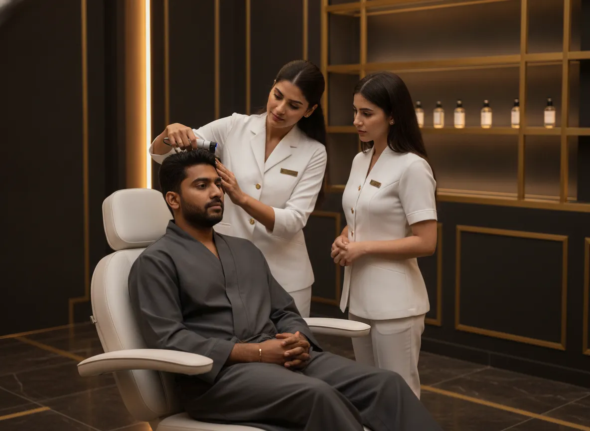 Trainer examining a client's scalp with a dermoscope while trainees observe