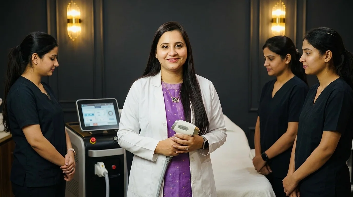 Dr. Meghana Valeti with trainees and a diode laser machine at DermaLuxe Academy, Eluru