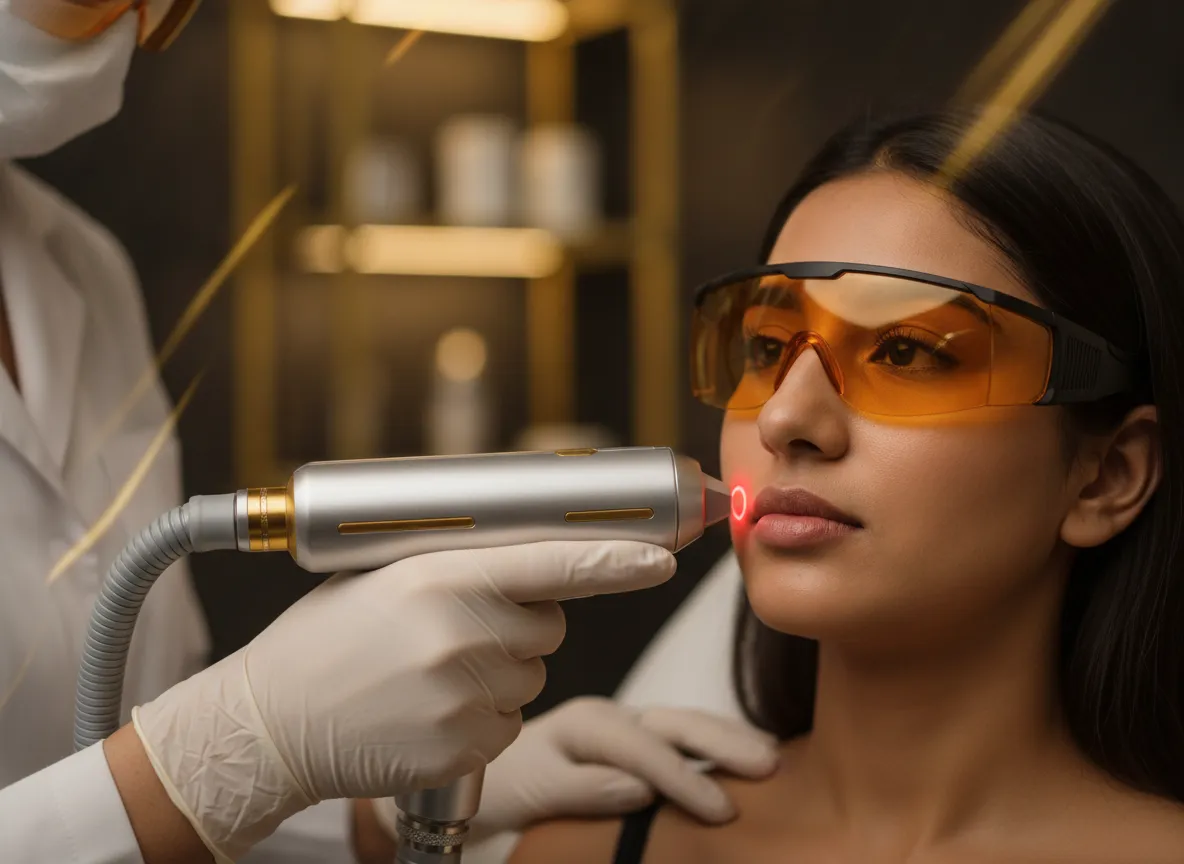 PICO laser handpiece over a client's cheek during pigmentation training