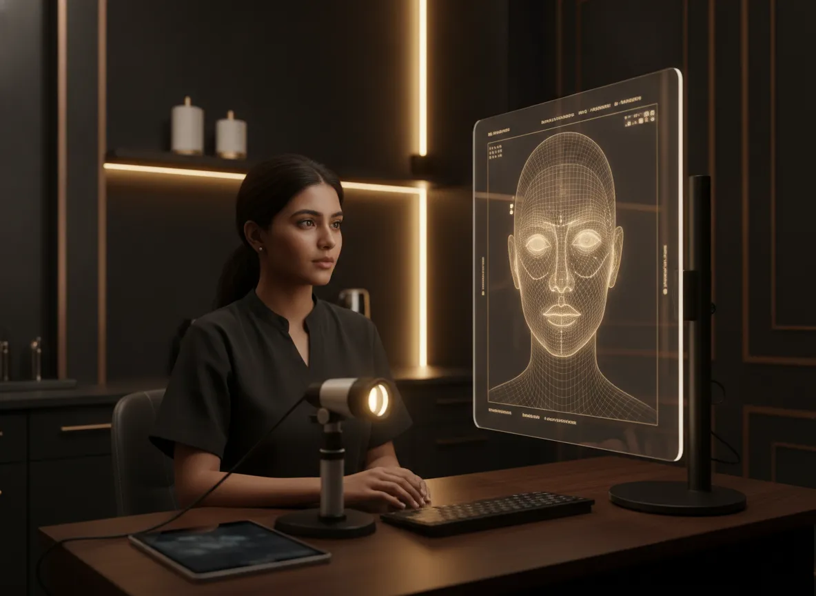 Trainee reviewing a digital skin analysis scan on screen